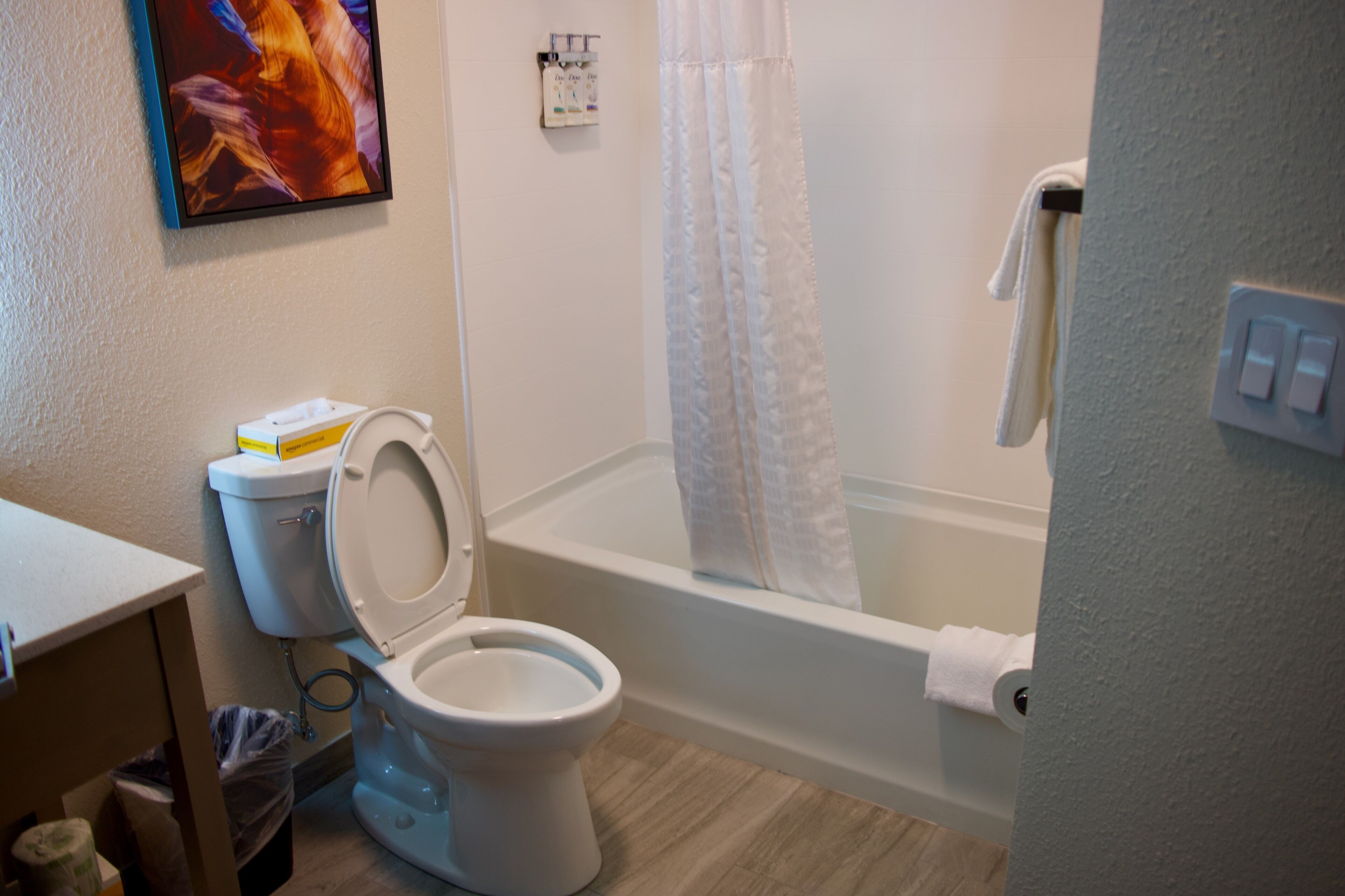 A bathroom with a toilet, a bathtub, and a shower curtain.