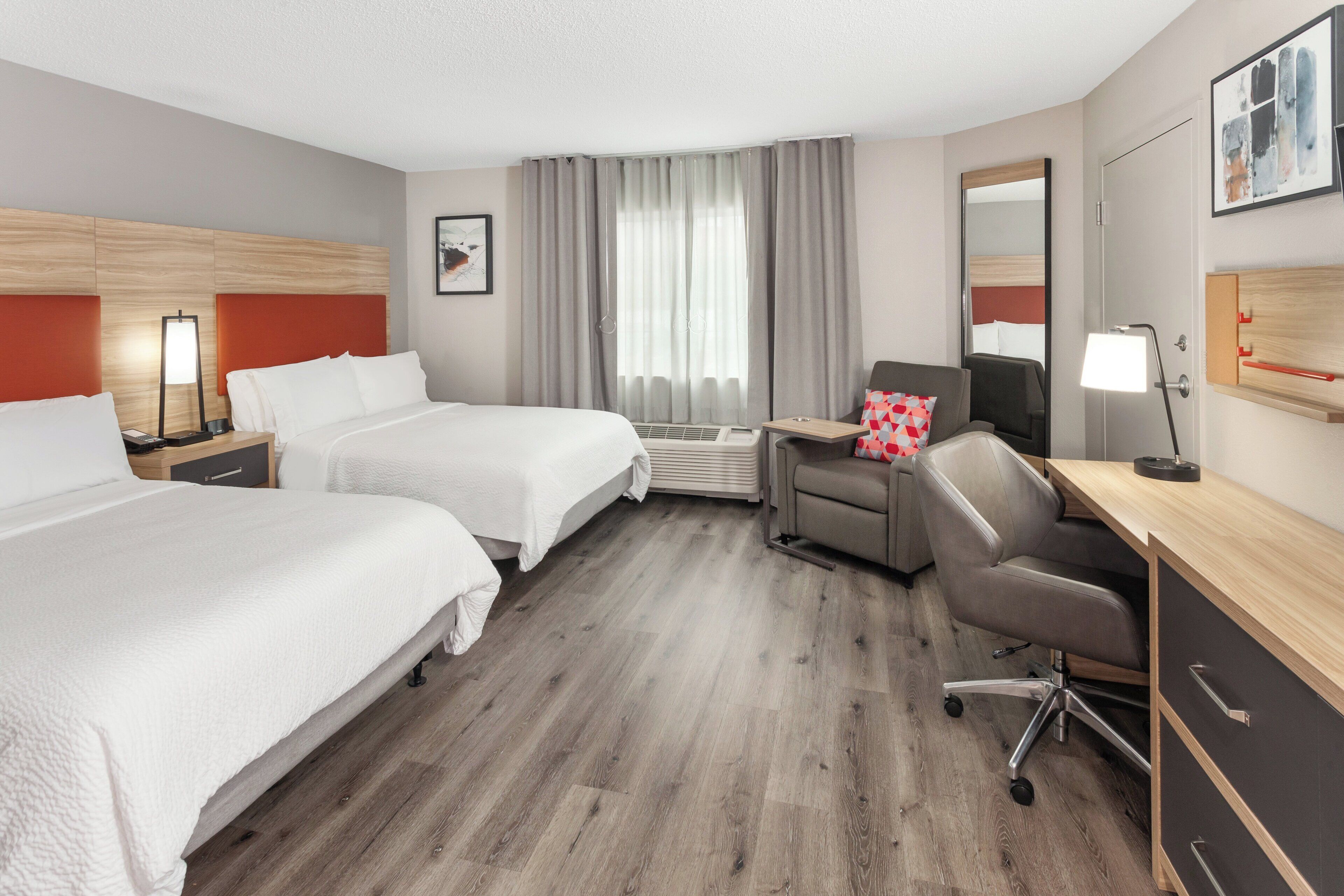 Desk, laptop workspace, blackout drapes, soundproofing