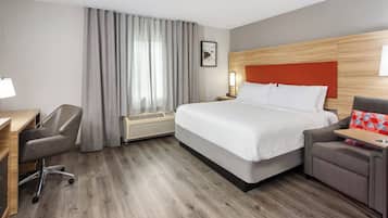 Desk, laptop workspace, blackout drapes, soundproofing