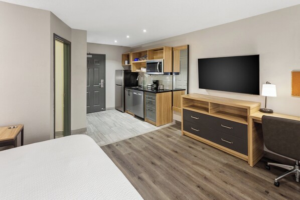 Desk, laptop workspace, blackout drapes, soundproofing