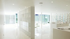 Un intérieur moderne et épuré, de couleur blanche, avec un plafond haut et des cloisons en verre.