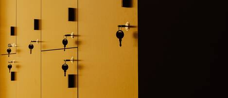 A set of doors with keys and locks, indicating a secure entry system.