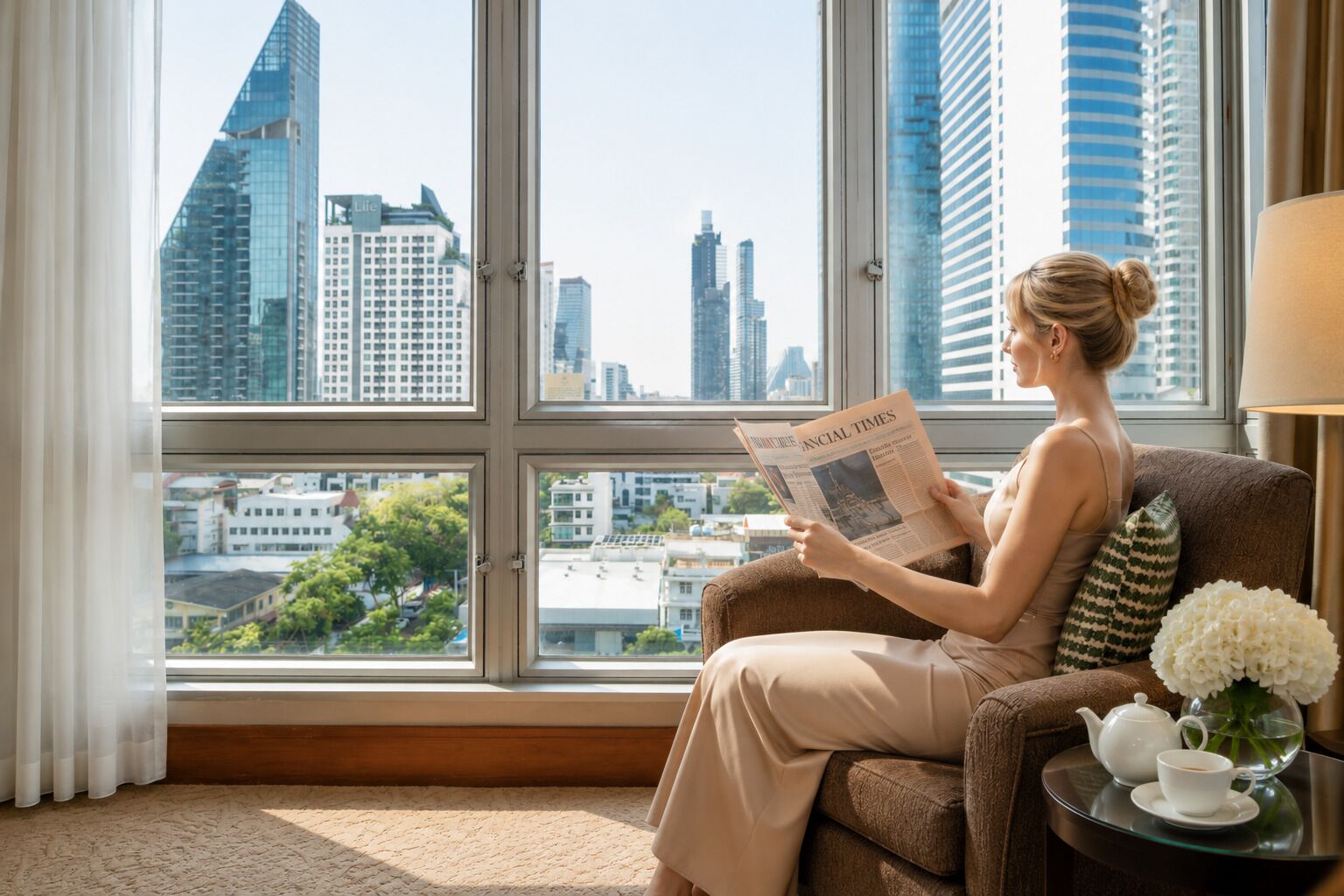 Una persona sentada en un sofá leyendo un periódico en una habitación con amplios ventanales que dan a un paisaje urbano.