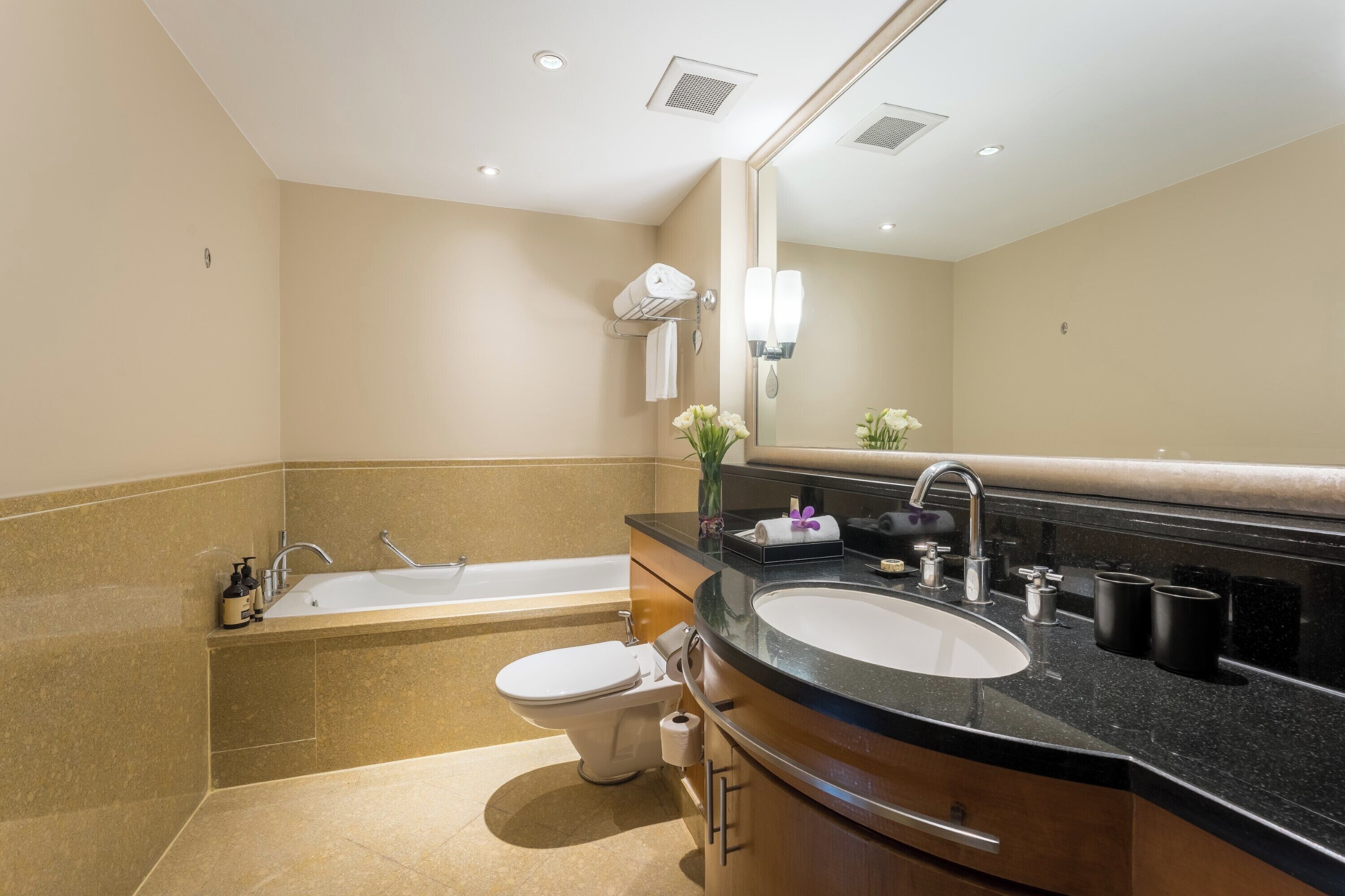 Une salle de bain moderne avec une baignoire, des toilettes et un lavabo.