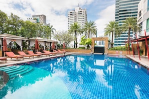 Outdoor pool, pool loungers