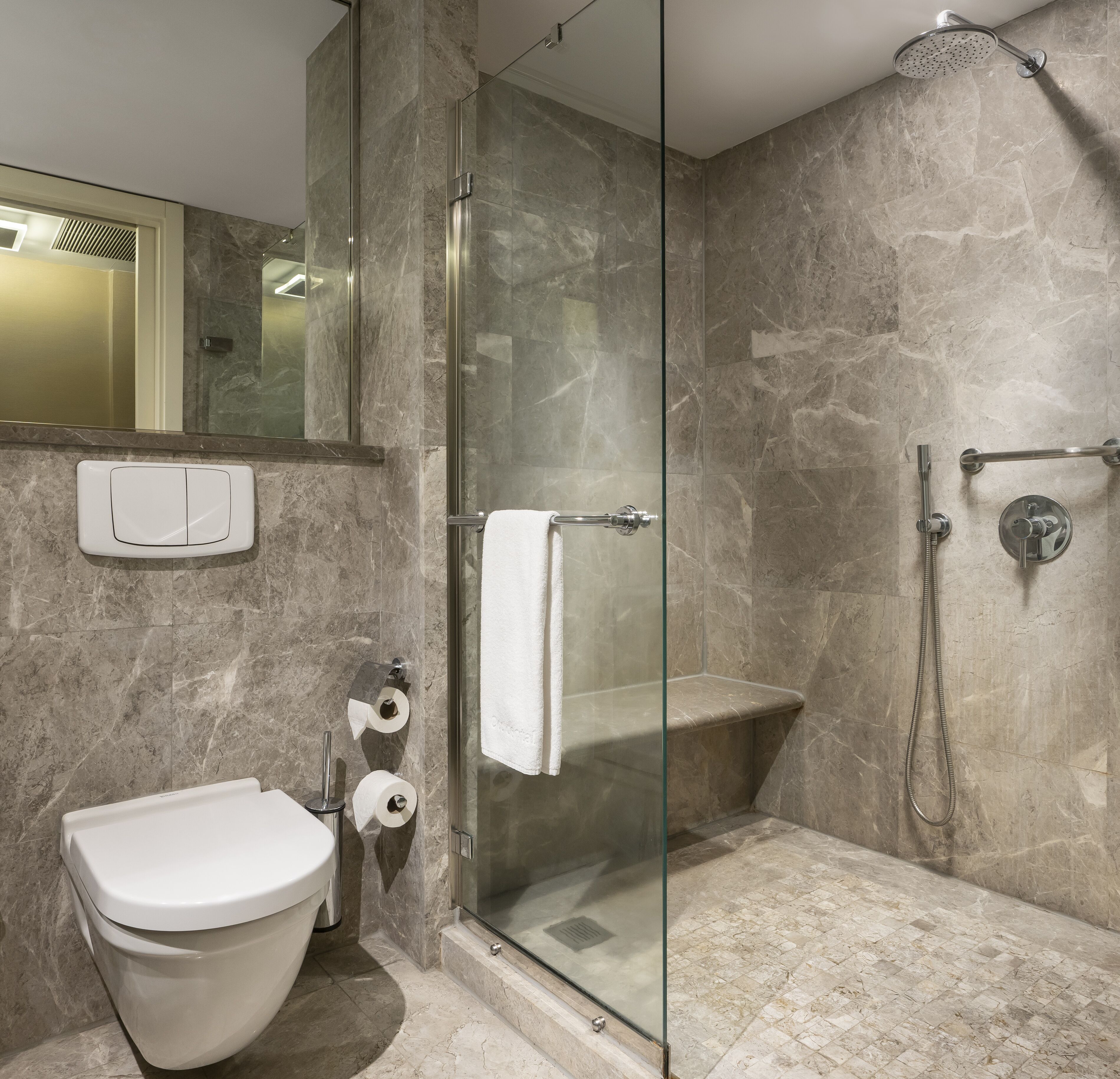 Een moderne badkamer met een douche met glazen wand, toilet en wastafel.