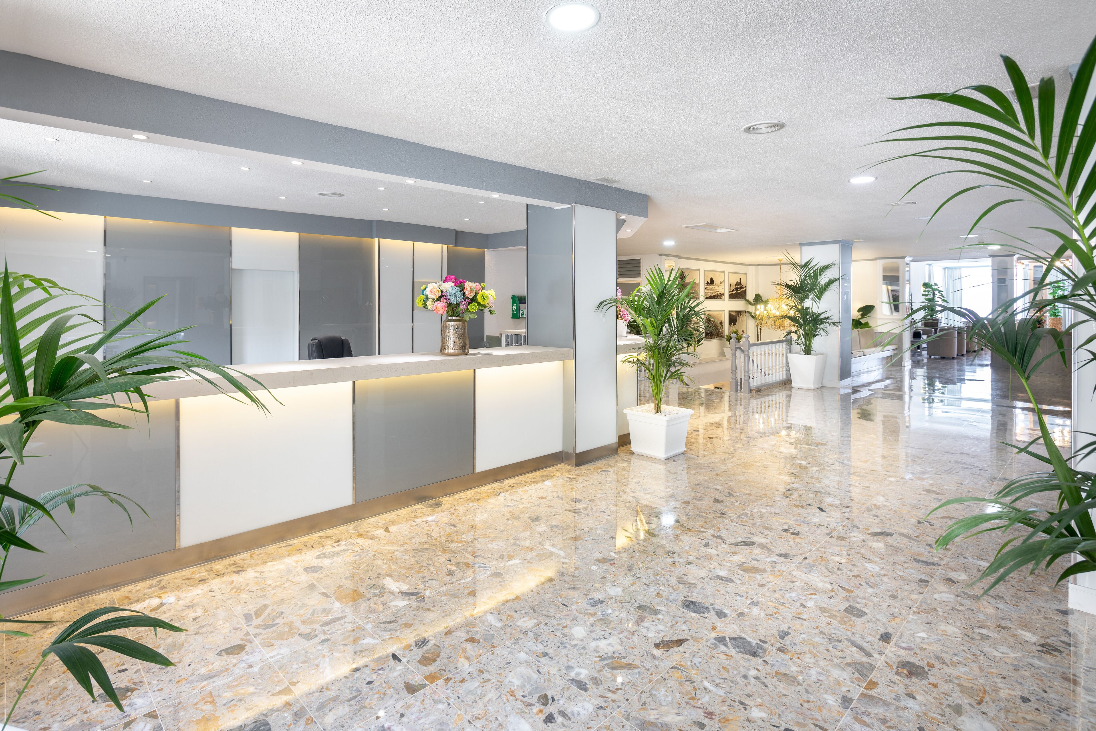 A modern reception area with a marble floor, potted plants, and a reception desk.