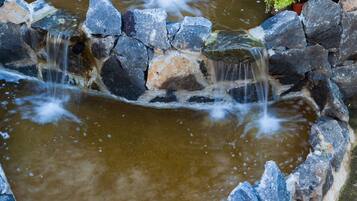 Una cascada de piedra en un jardín con un pequeño estanque y plantas tropicales.