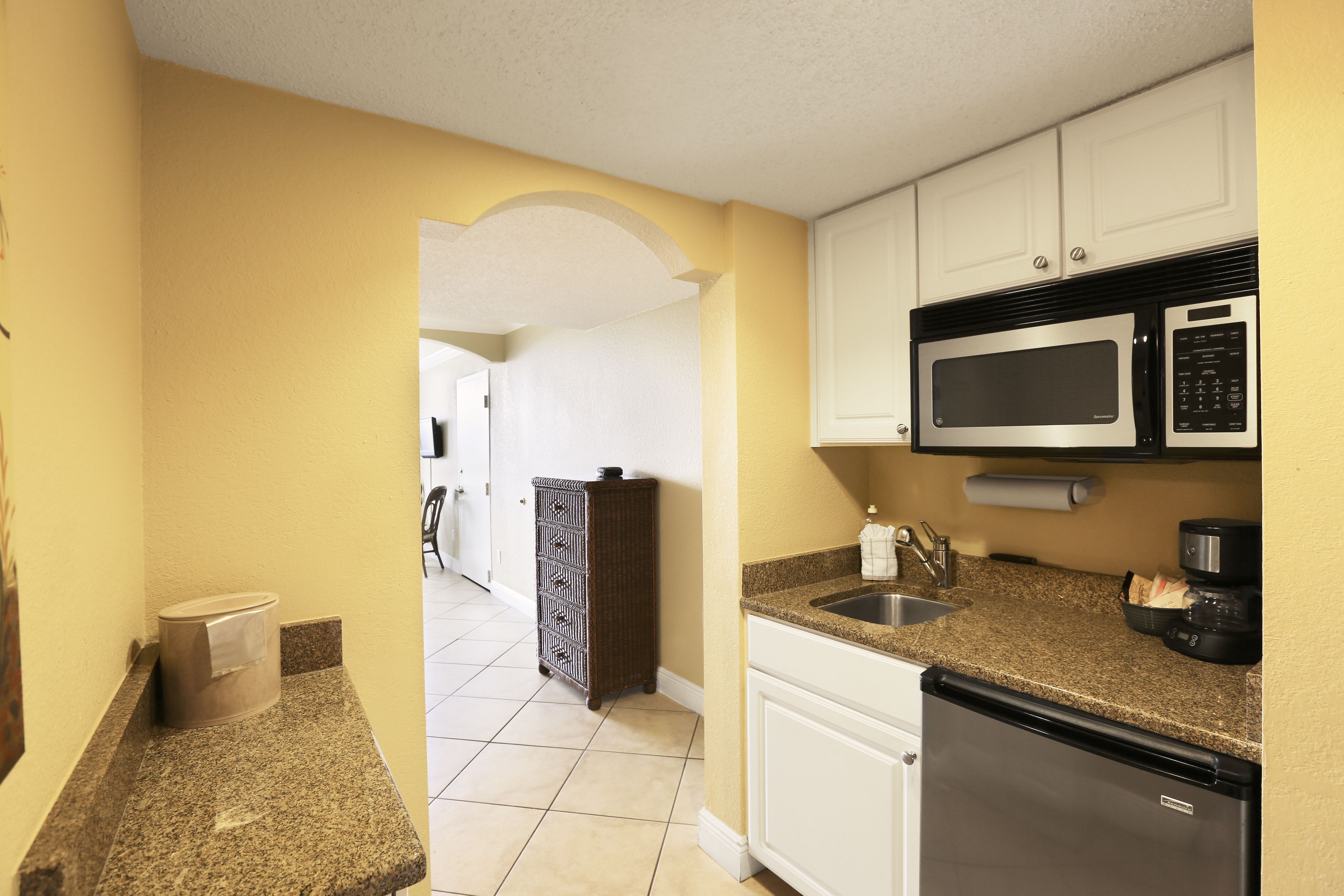 fridge, microwave, coffee/tea maker, toaster