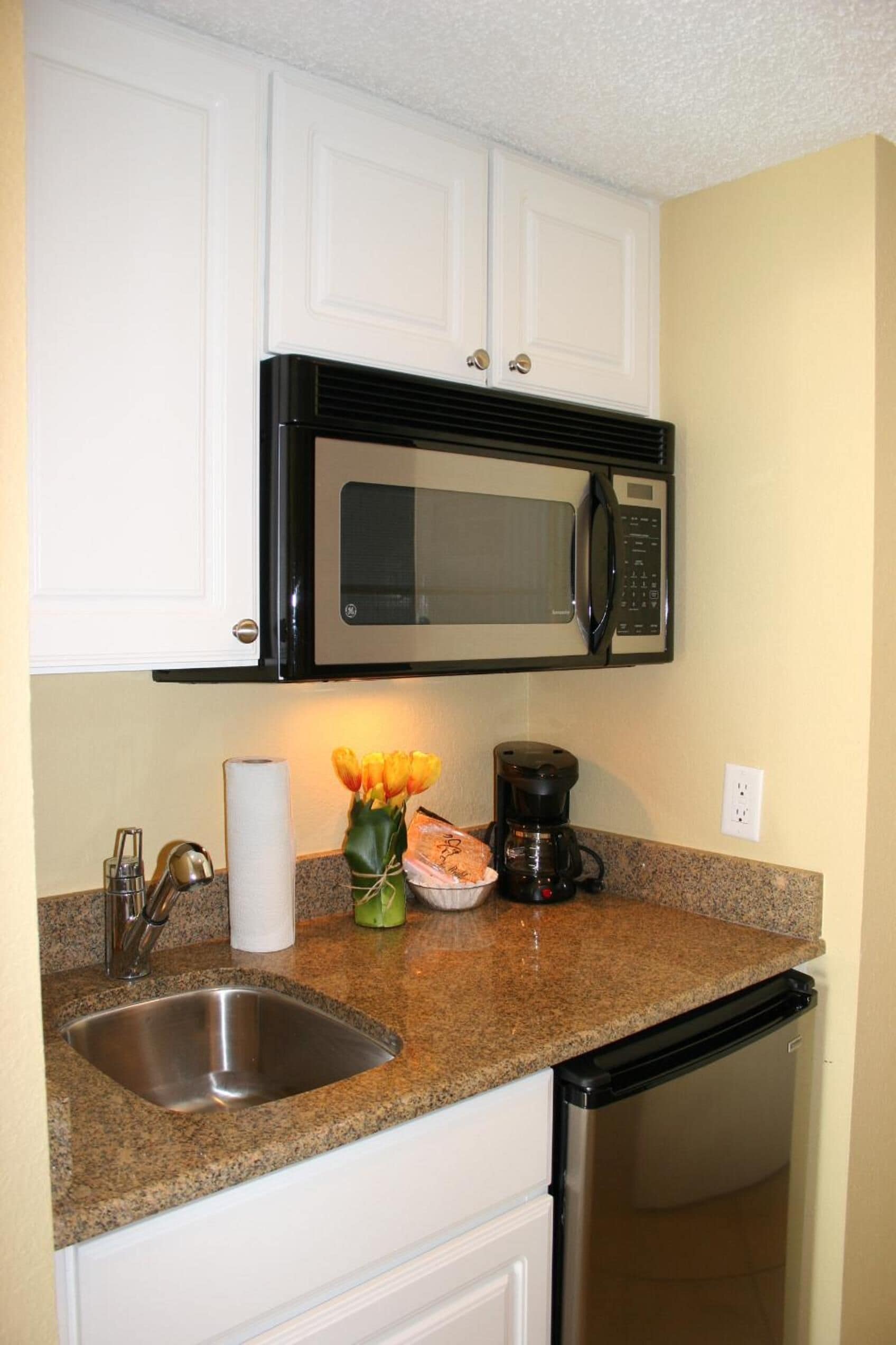 fridge, microwave, coffee/tea maker, toaster