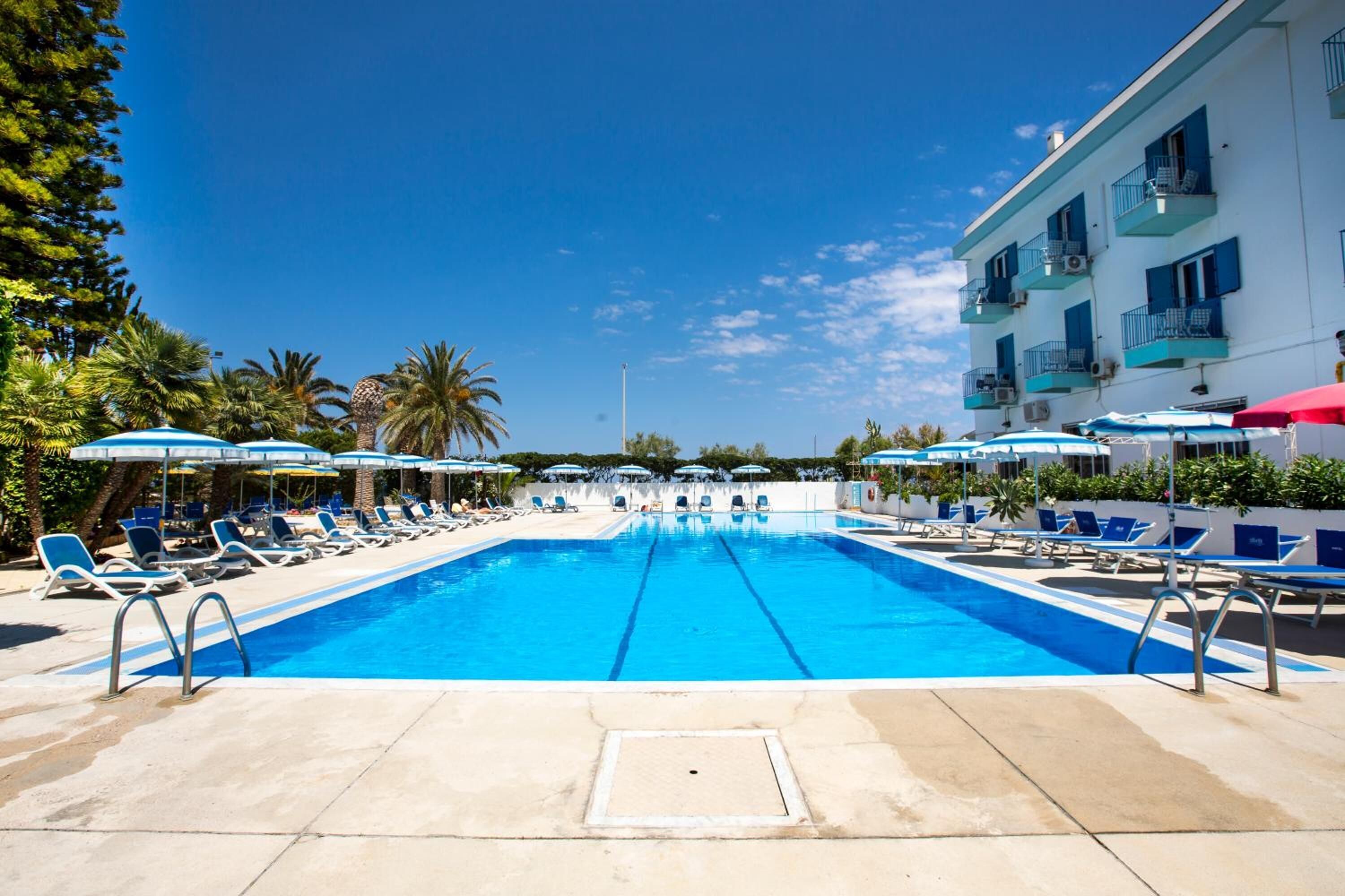 Piscina com espreguiçadeiras e guarda-sóis, cercada por palmeiras e um edifício com varandas.