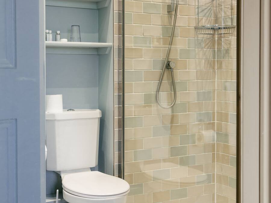 Ein Badezimmer mit einer weißen Toilette, einer Duschkabine und einem Holzboden.