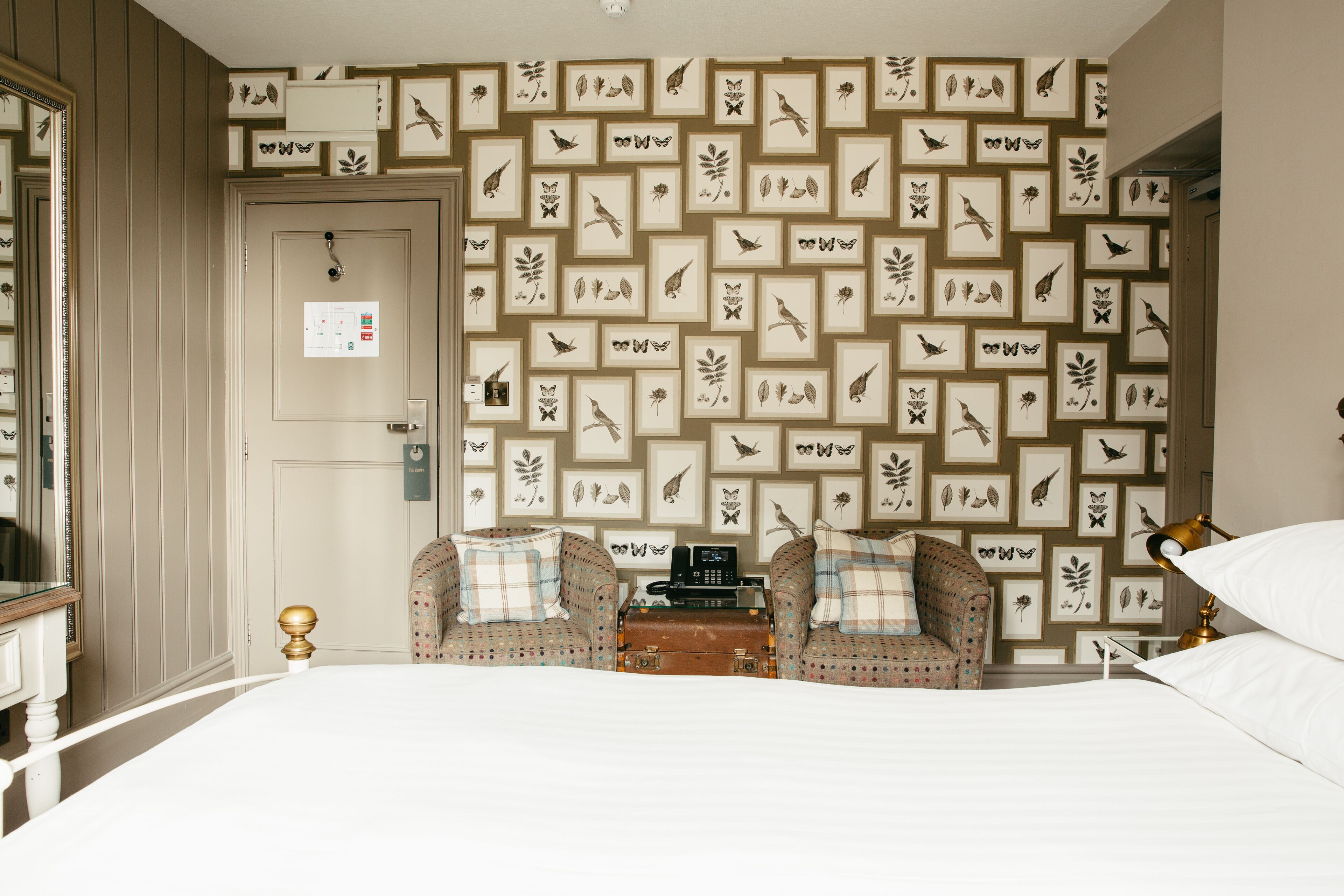 Habitación de hotel con una cama, dos sillones, una mesita con un teléfono y una pared decorada con motivos de pájaros y hojas enmarcados.