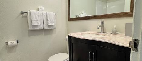A bathroom with a white toilet, a black vanity with a mirror, and a towel rack with two white towels.