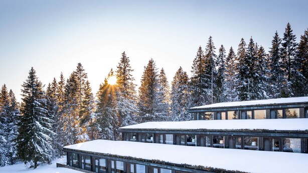 A modern building with a flat roof, surrounded by snow-covered trees and a clear sky. - Voksenasen Hotell, BW Signature Collection (Oslo)