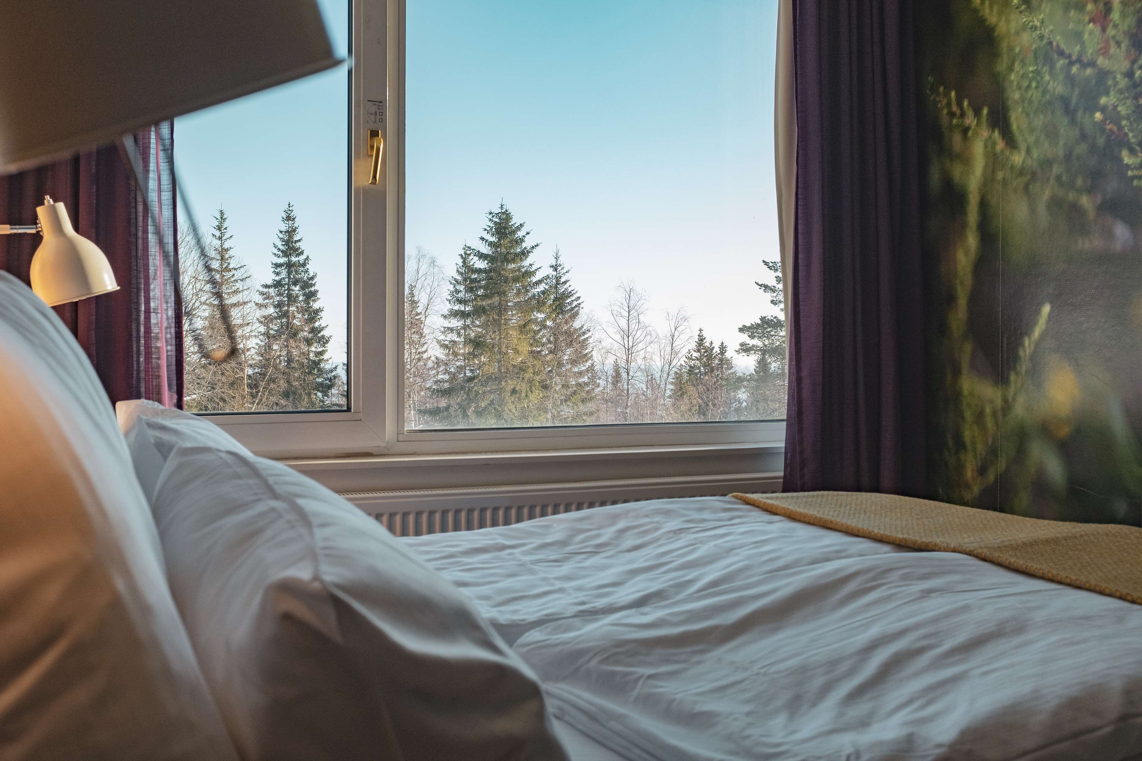 Una habitación de hotel con cama, ventana y vista a árboles.