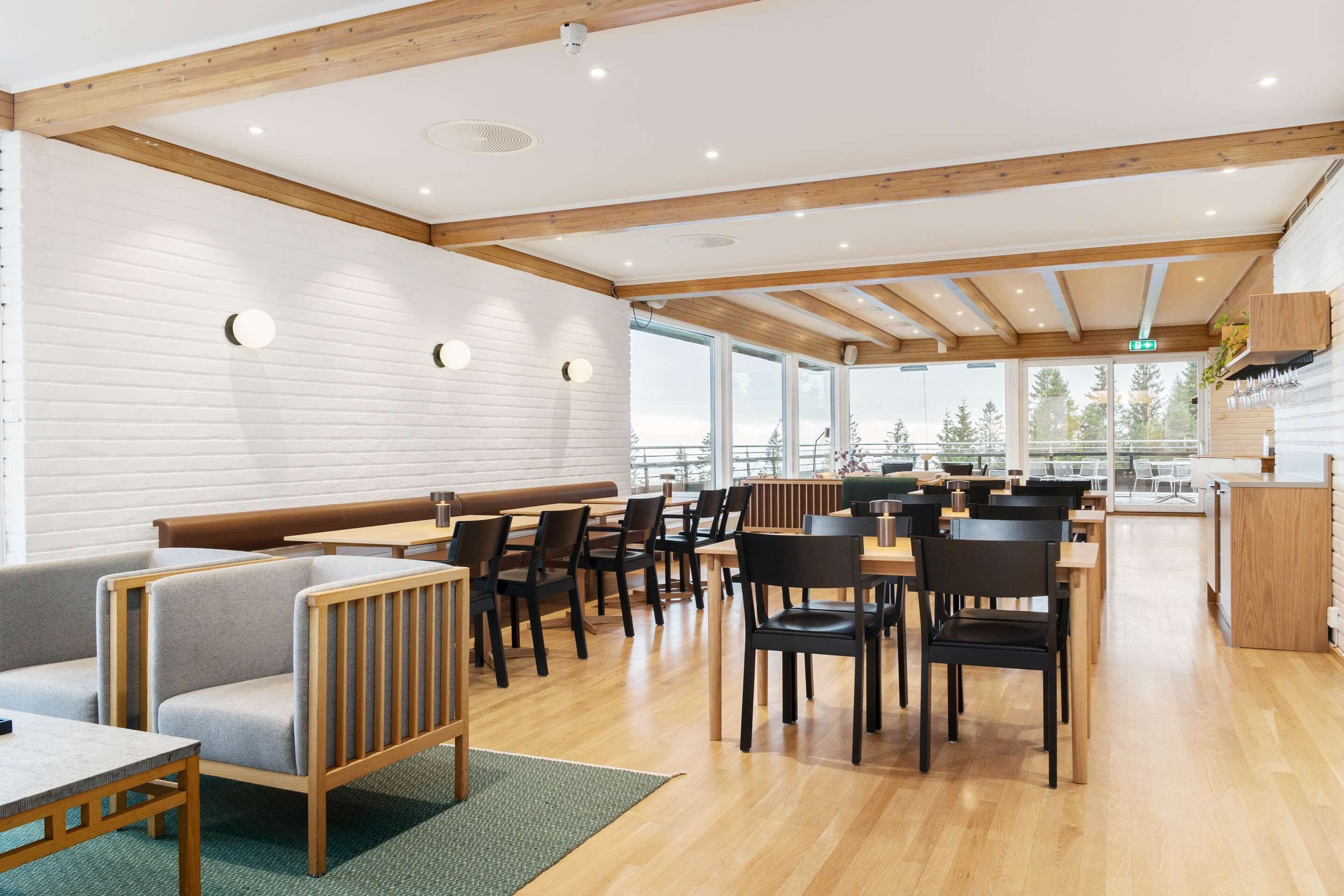 A modern dining area with wooden tables and chairs, a green rug, and large windows offering a view of trees.