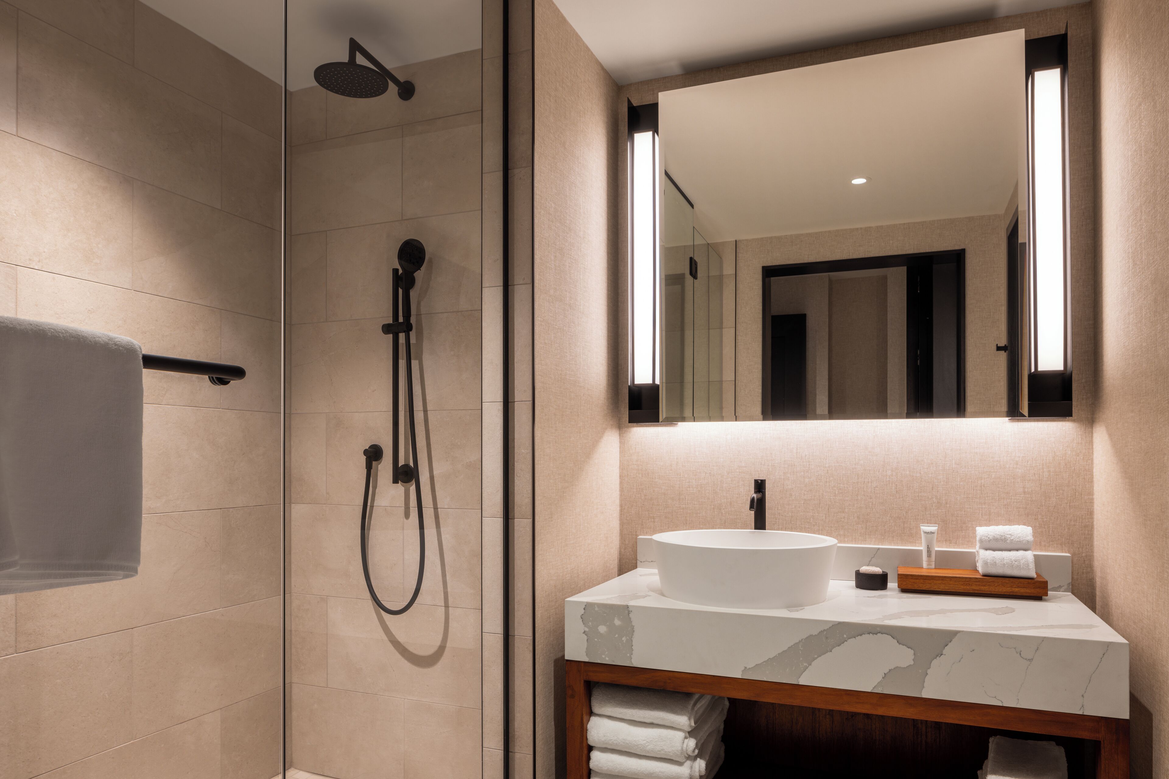 shower, free toiletries, hair dryer, towels