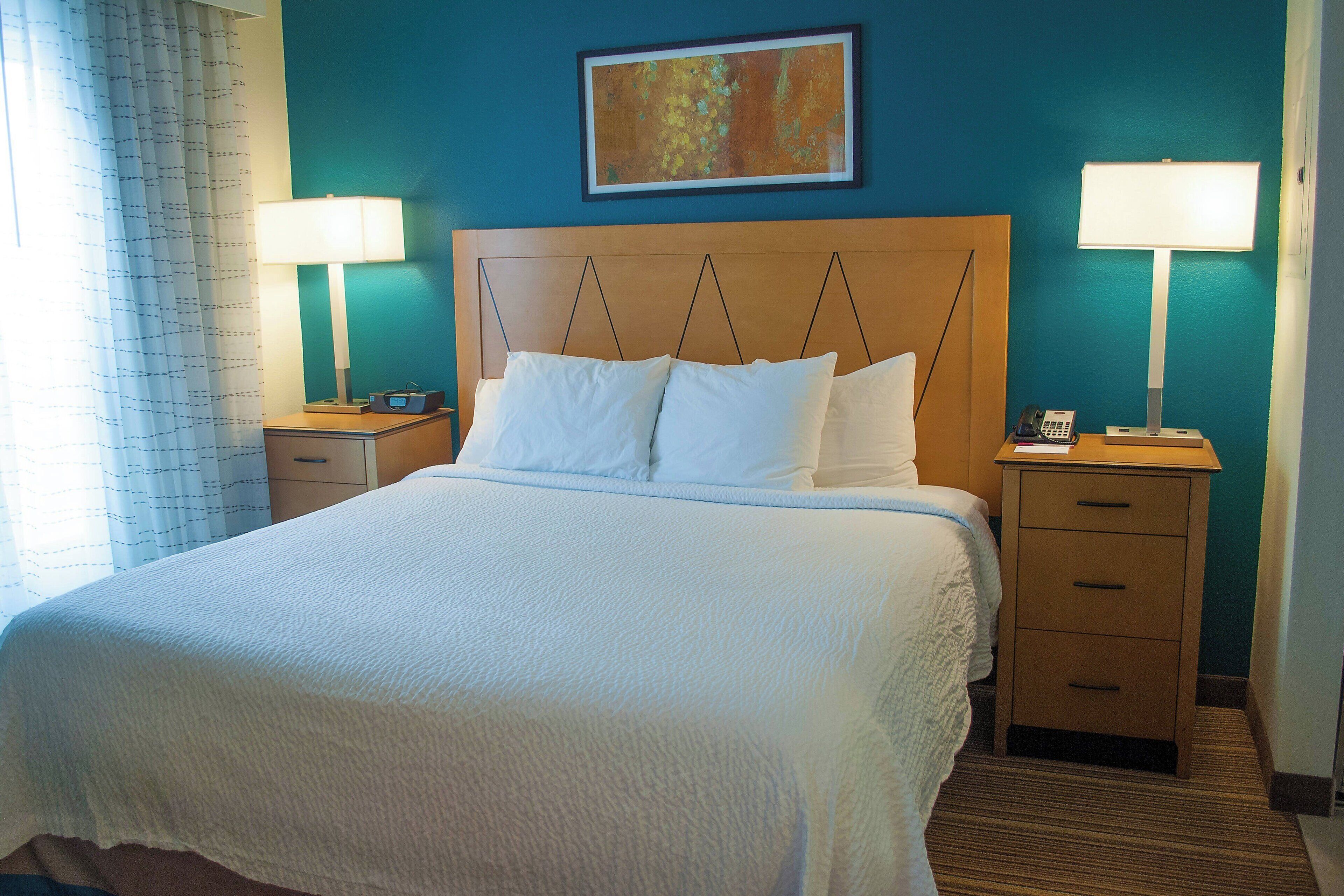 1 bedroom, desk, blackout curtains, iron/ironing board