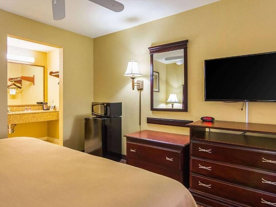 Habitación de hotel con cama, cómoda, televisor, espejo, microondas y un escritorio pequeño con lámpara.