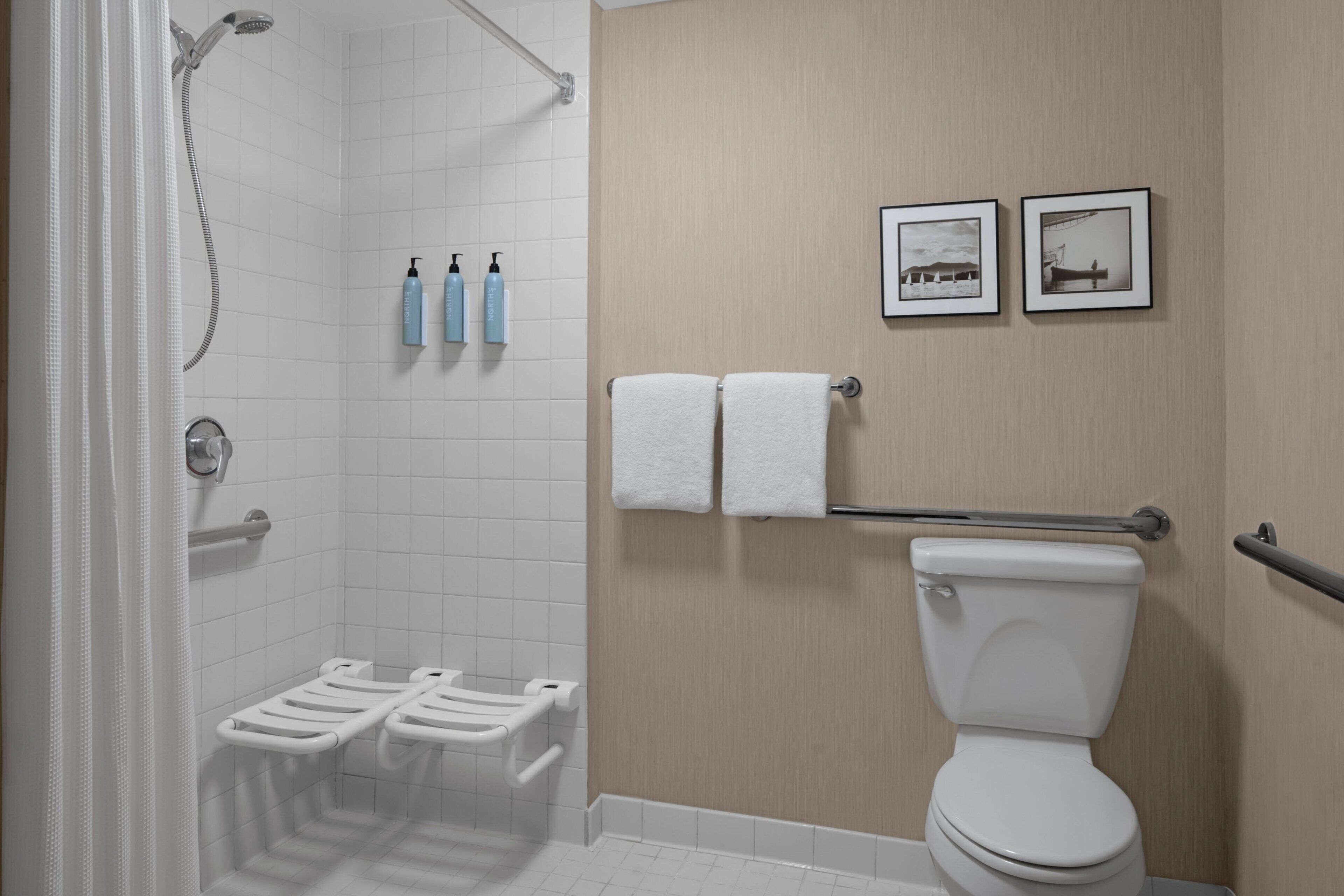 combined shower/bathtub, free toiletries, hair dryer, towels