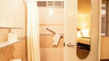Standaard driepersoonskamer | Badkamer | Een douche, een haardroger, handdoeken