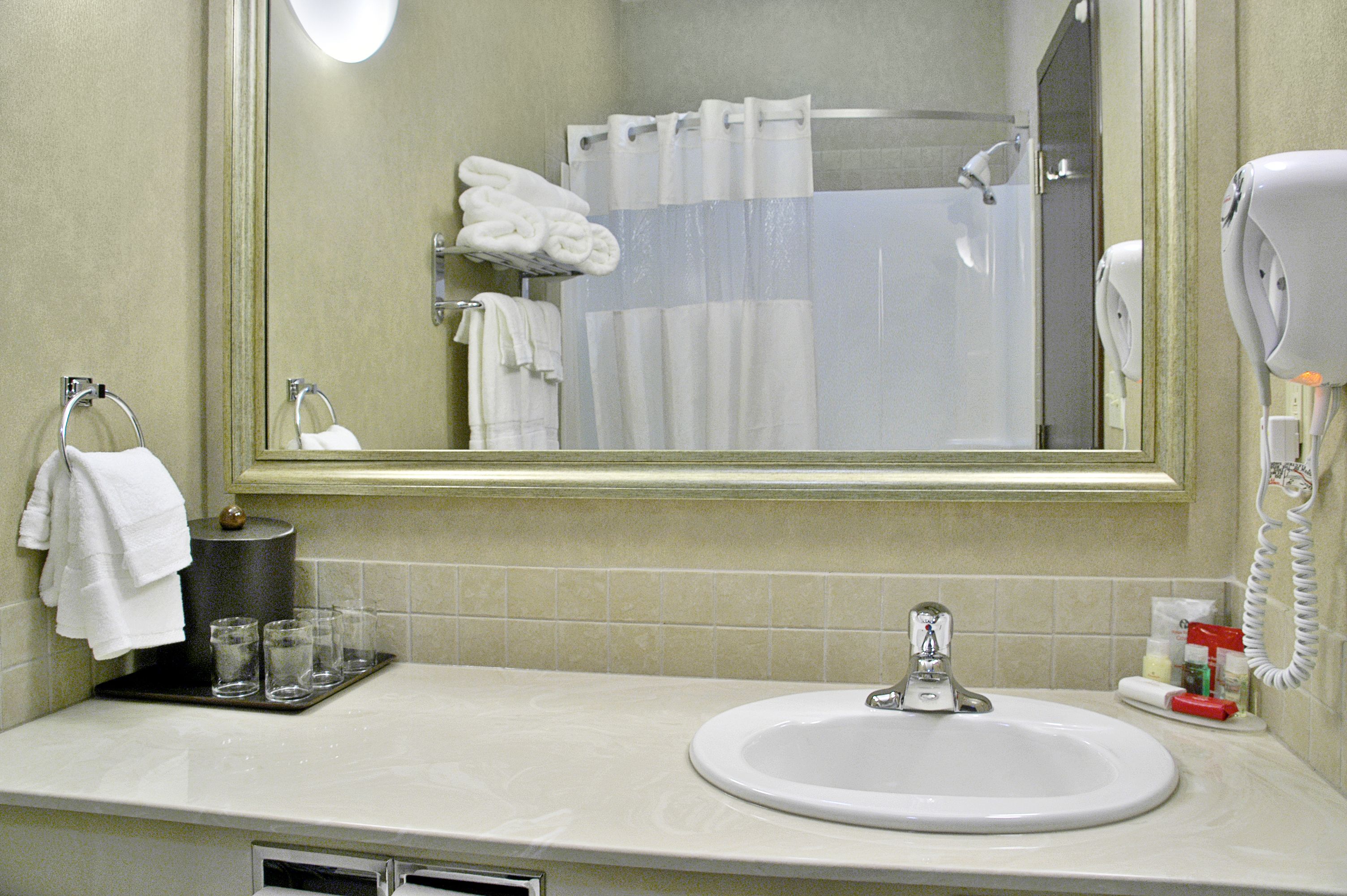 combined shower/bathtub, free toiletries, hair dryer, towels