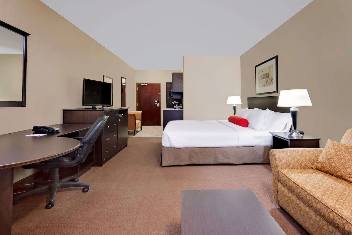 Una habitación de hotel con una cama, un escritorio, una silla, un sofá y un televisor.