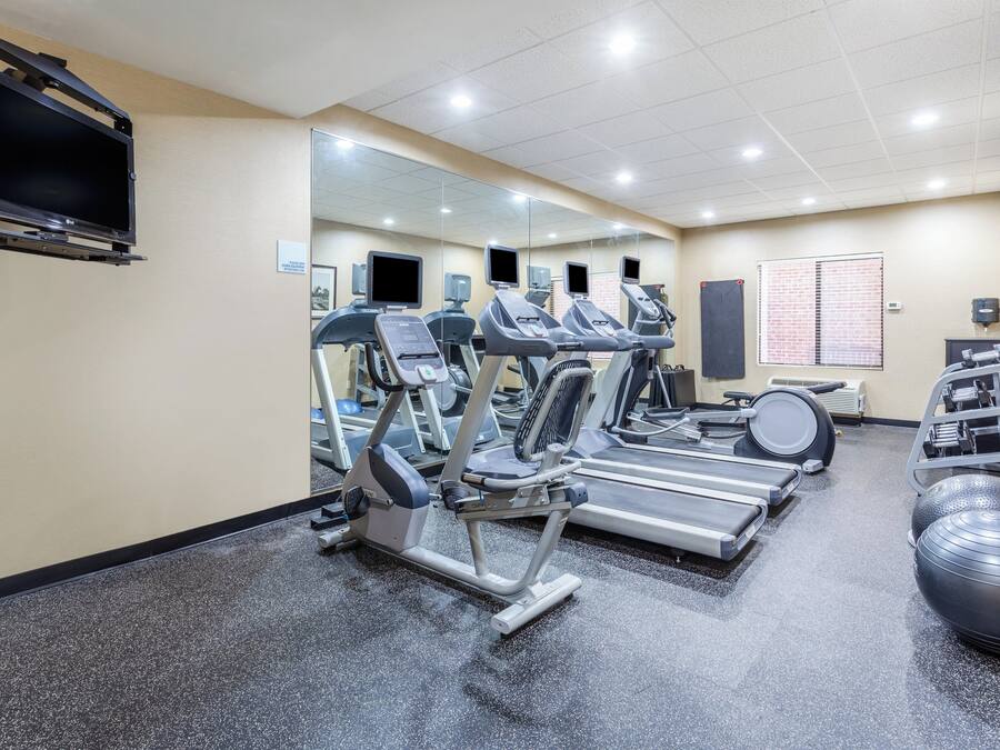 Un gimnasio con cintas de correr, elípticas y una bicicleta estática.