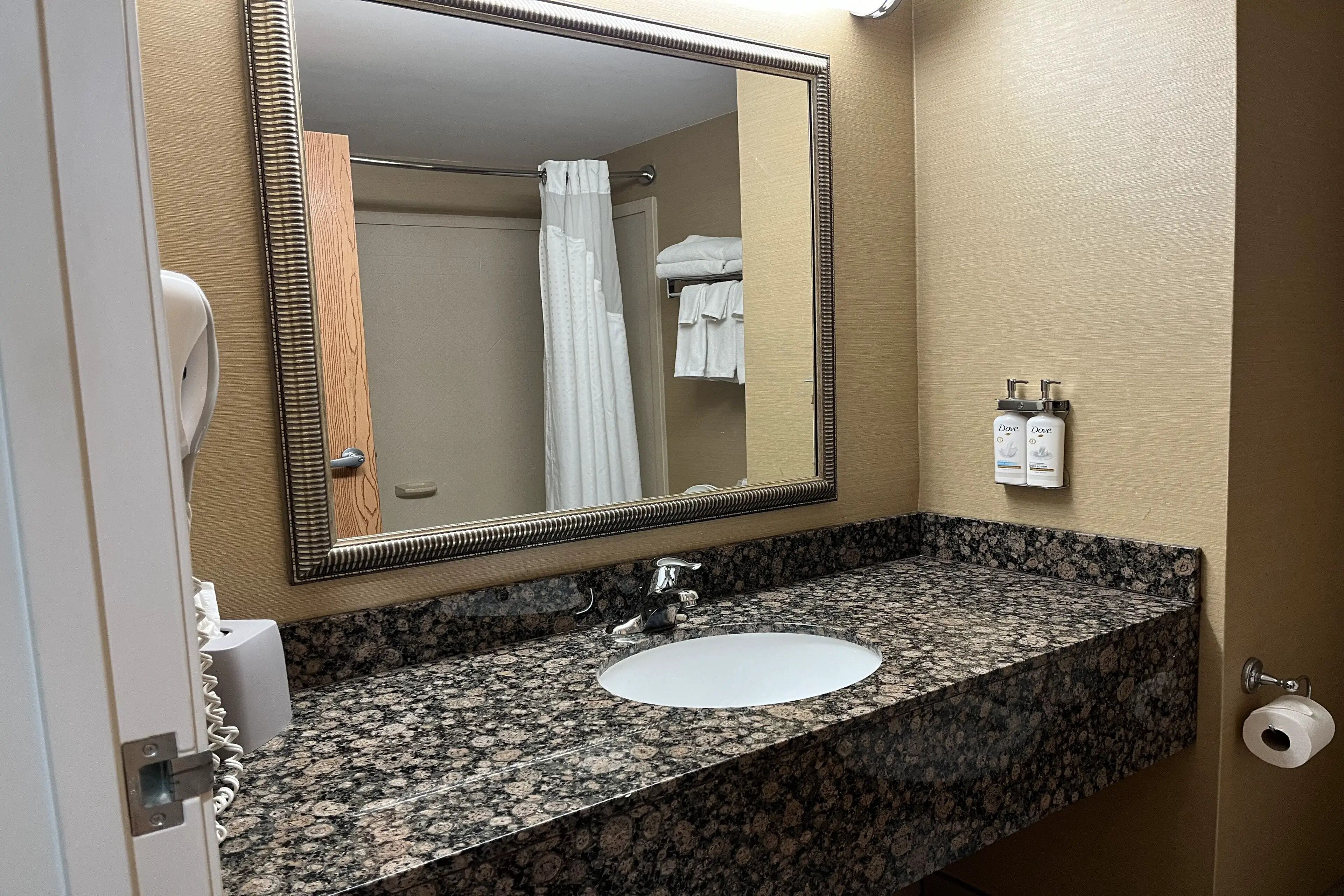 Une salle de bain avec un lavabo doté d’un plan de travail en granit, un grand miroir, un porte-serviettes avec des serviettes pliées et un distributeur de papier toilette.