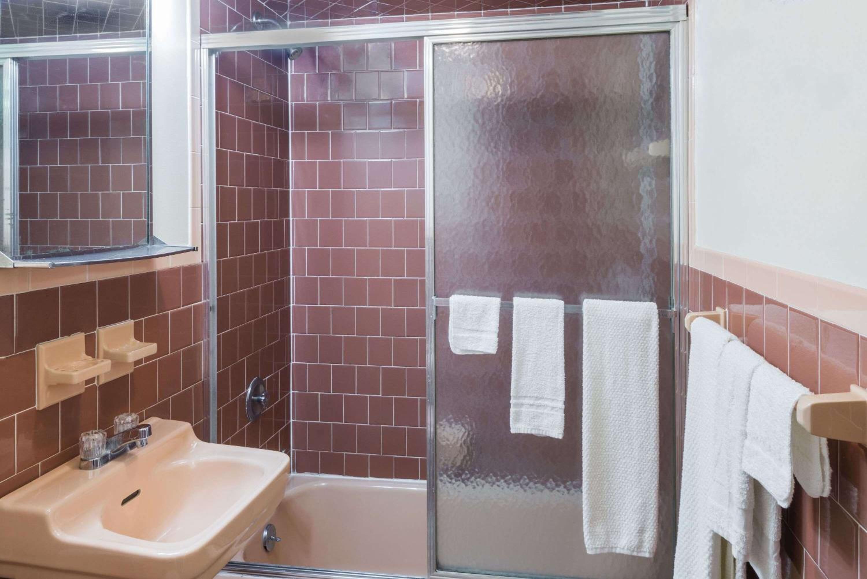 A bathroom with a sink, mirror, and shower area.