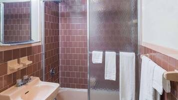 A bathroom with a sink, mirror, and shower area.