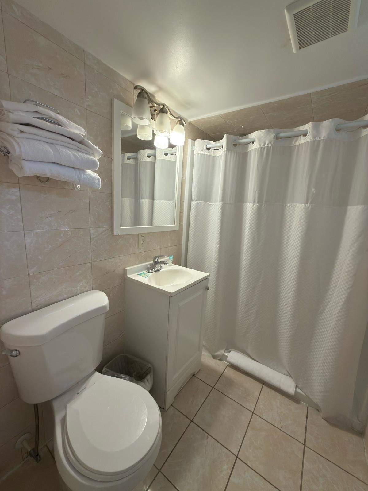 Un baño con inodoro, lavabo, espejo y cortina de ducha.
