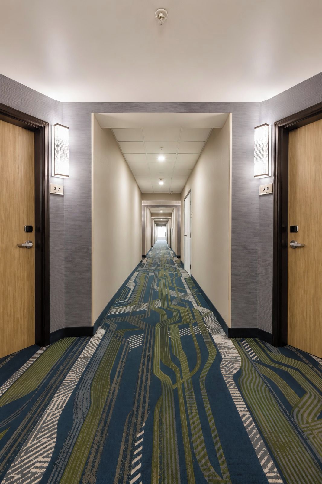 A hotel hallway with carpeted floors, doors on both sides, and a long corridor leading to a bright end.
