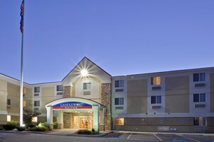 A hotel with a prominent entrance, a flagpole, and a clear sky.