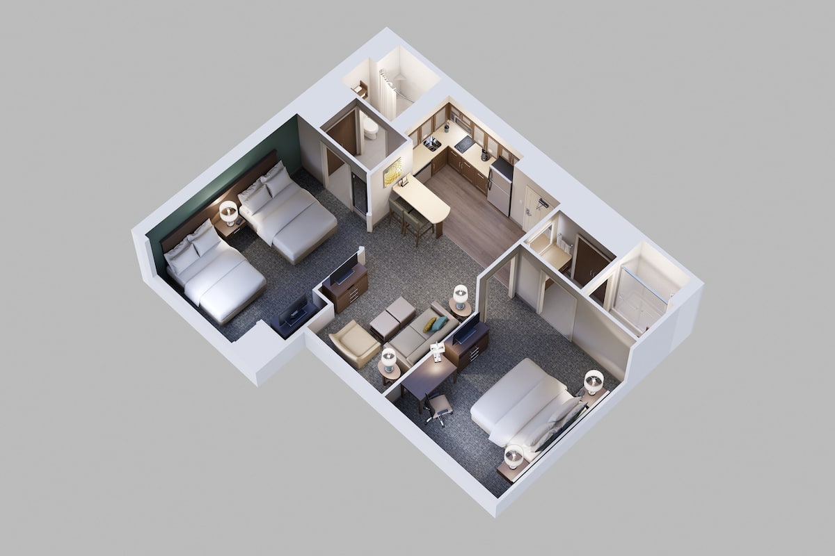 Suite, 2 Bedrooms, Kitchen | 1 bedroom, desk, laptop workspace, iron/ironing board