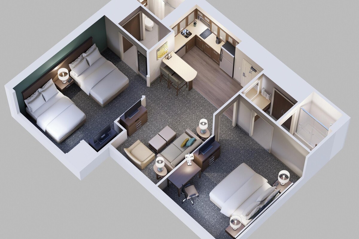 Un modelo 3D de una habitación de hotel con dos camas, un escritorio, una silla, una mesita, un sofá y un baño.