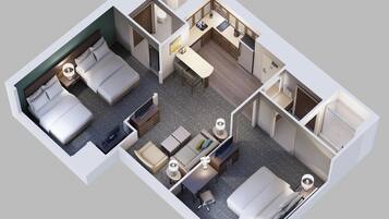 A hotel room layout with two beds, a sitting area, a kitchenette, and a bathroom.