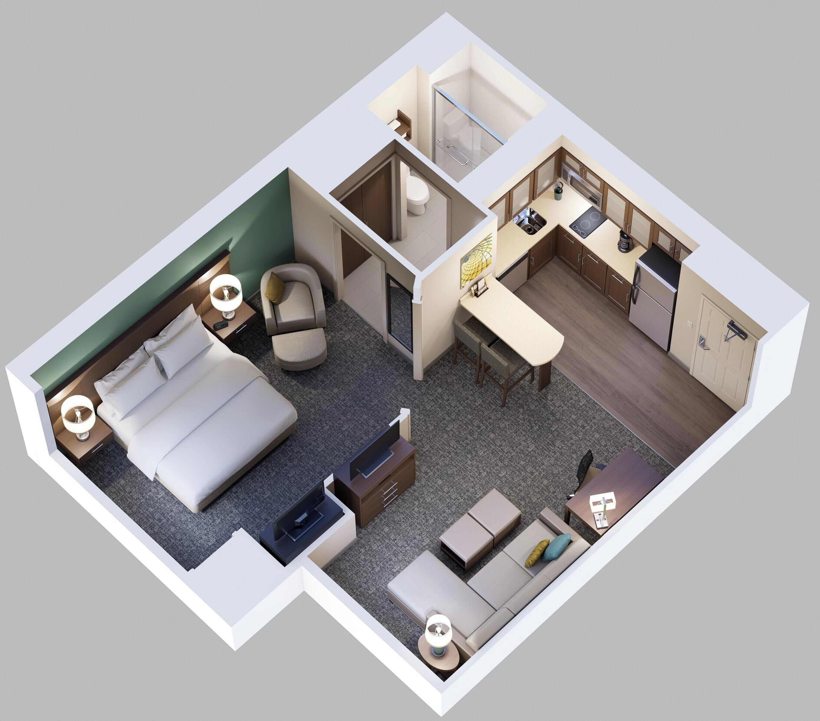 A 3D model of a hotel room with a bed, seating area, kitchenette, and bathroom.