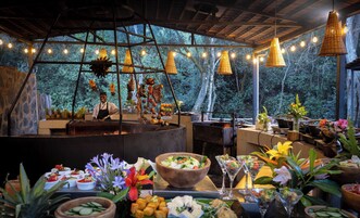 Un área de comedor al aire libre con un chef preparando comida, rodeada de luces colgantes y vistas al bosque.