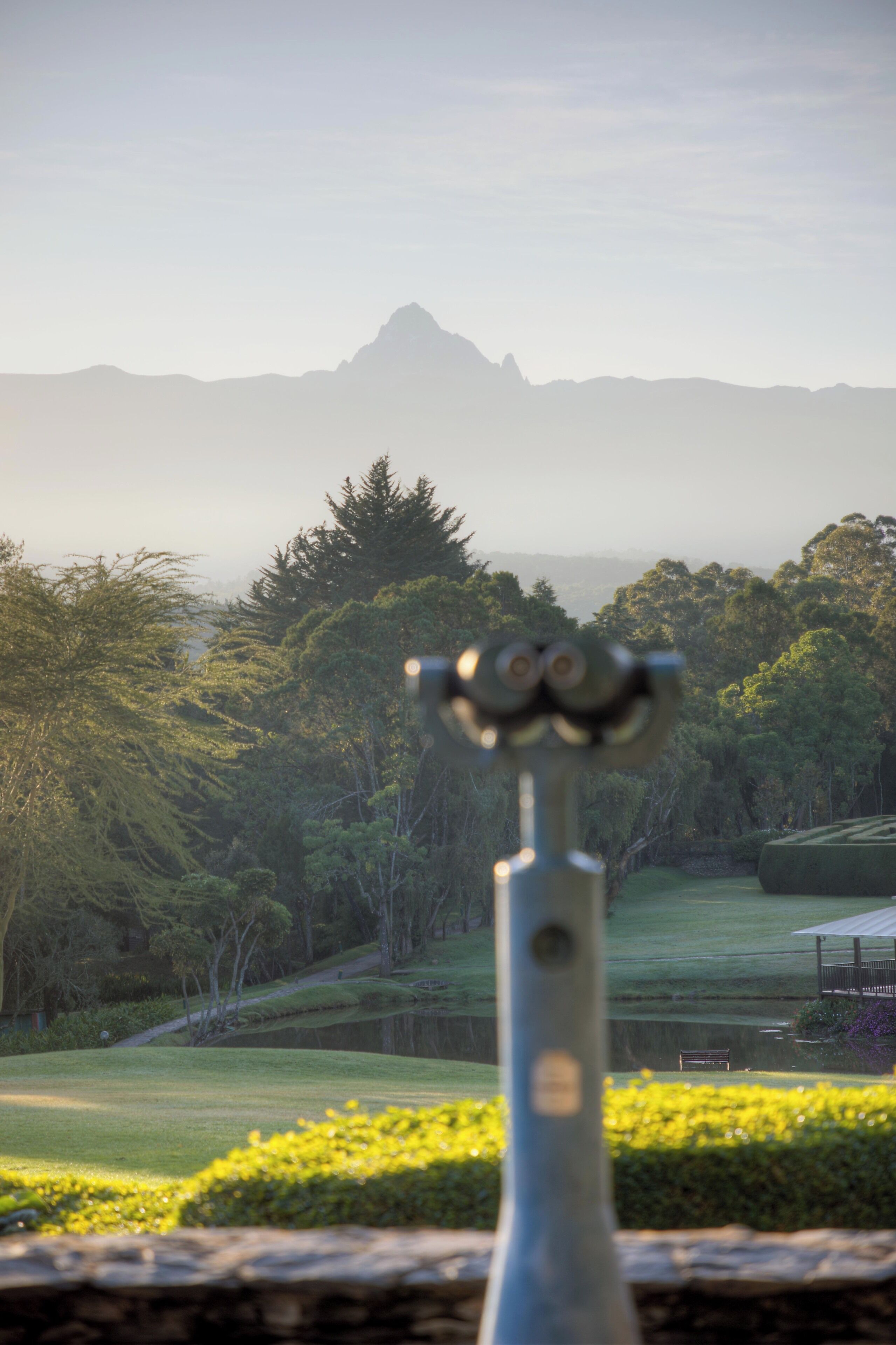 Un télescope pointé vers un paysage montagneux, avec un parc au premier plan.