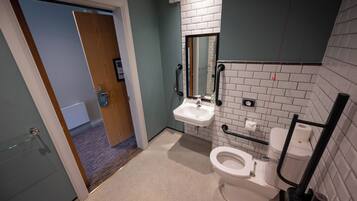 A bathroom with a white toilet, a sink, and a mirror.