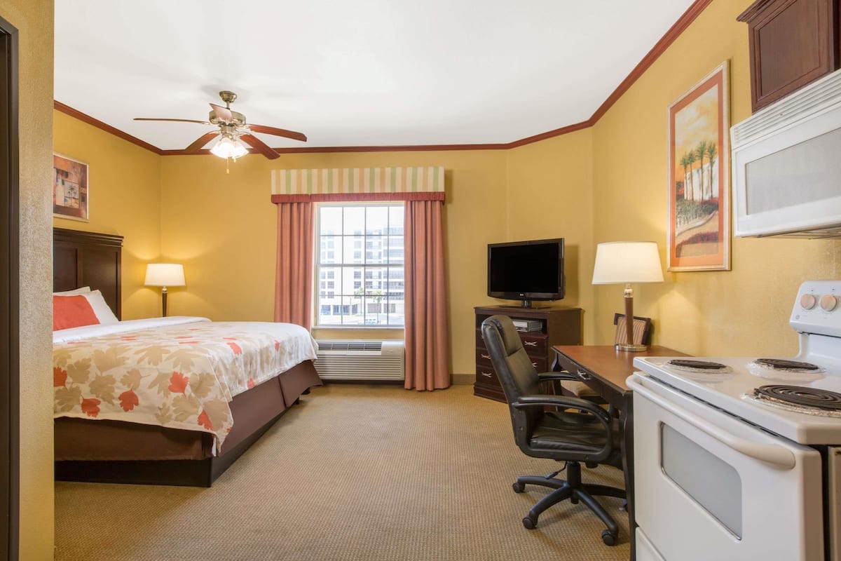 A hotel room with a bed, desk, chair, television, and stove.
