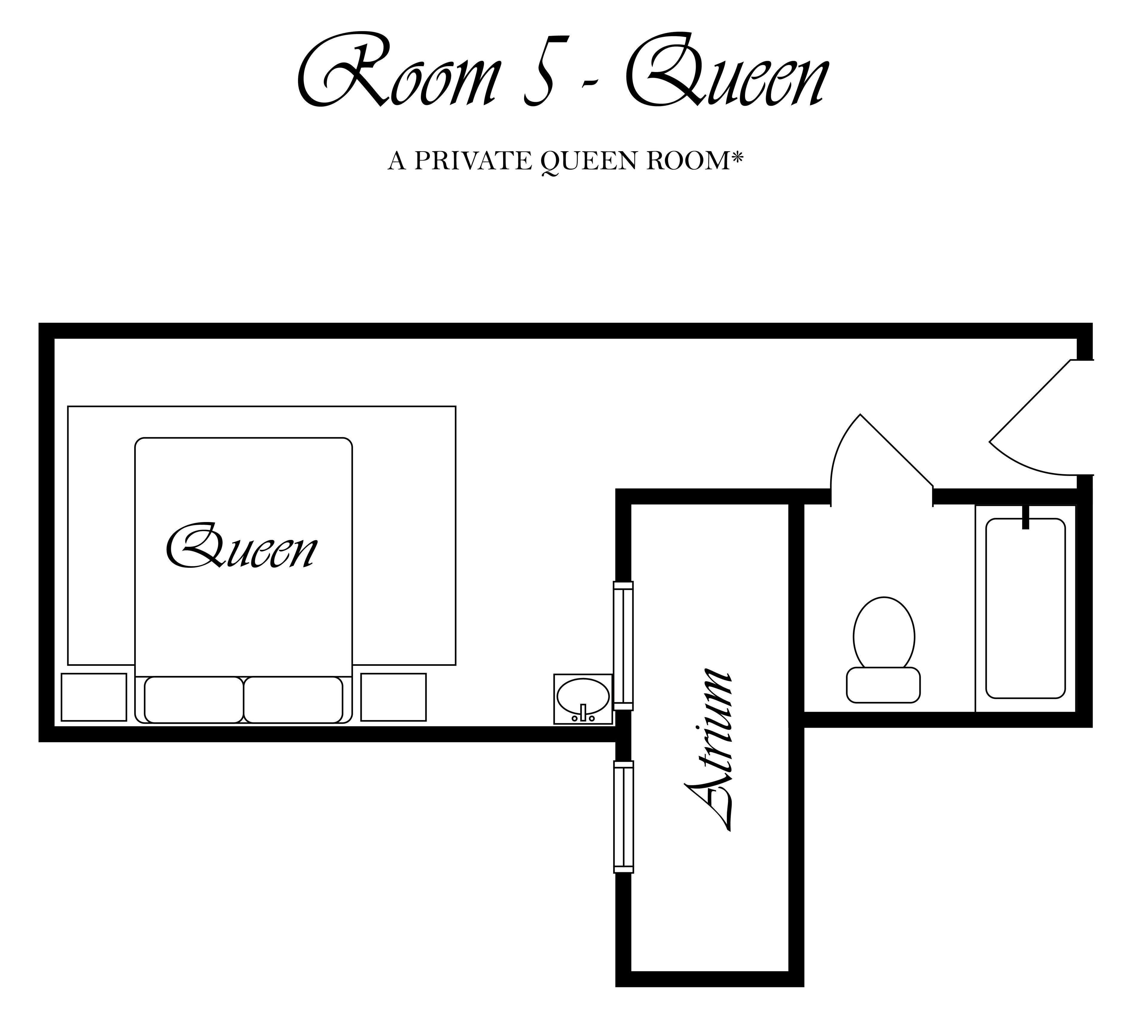 A floor plan of Room 5 labeled 'Queen,' a private queen room with a large bed, a small table, and a chair.