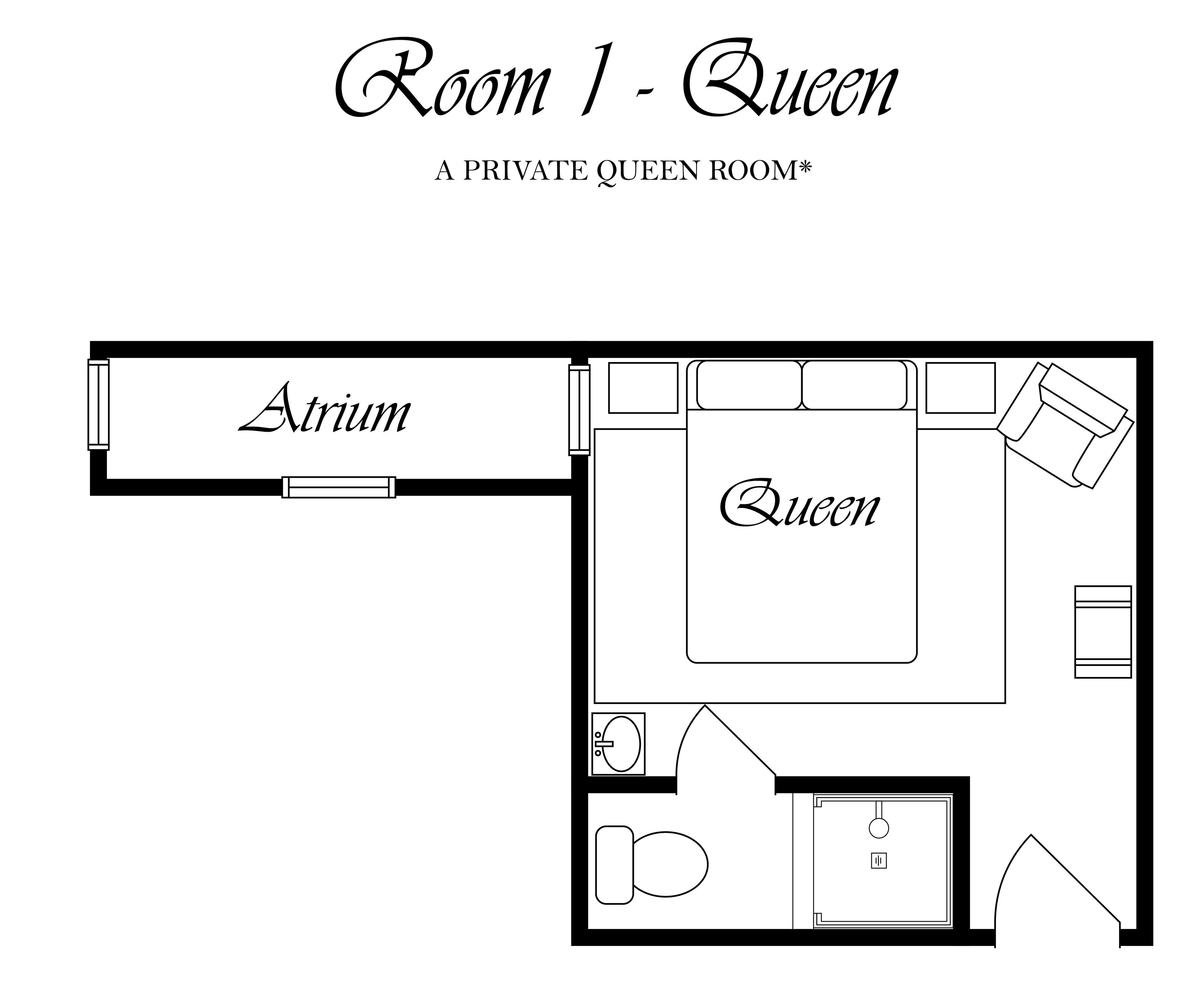 A floor plan of a private queen room labeled "Room 1 - Queen" with a large central area marked "Queen," a small bathroom, and a kitchenette area labeled "Atrium."