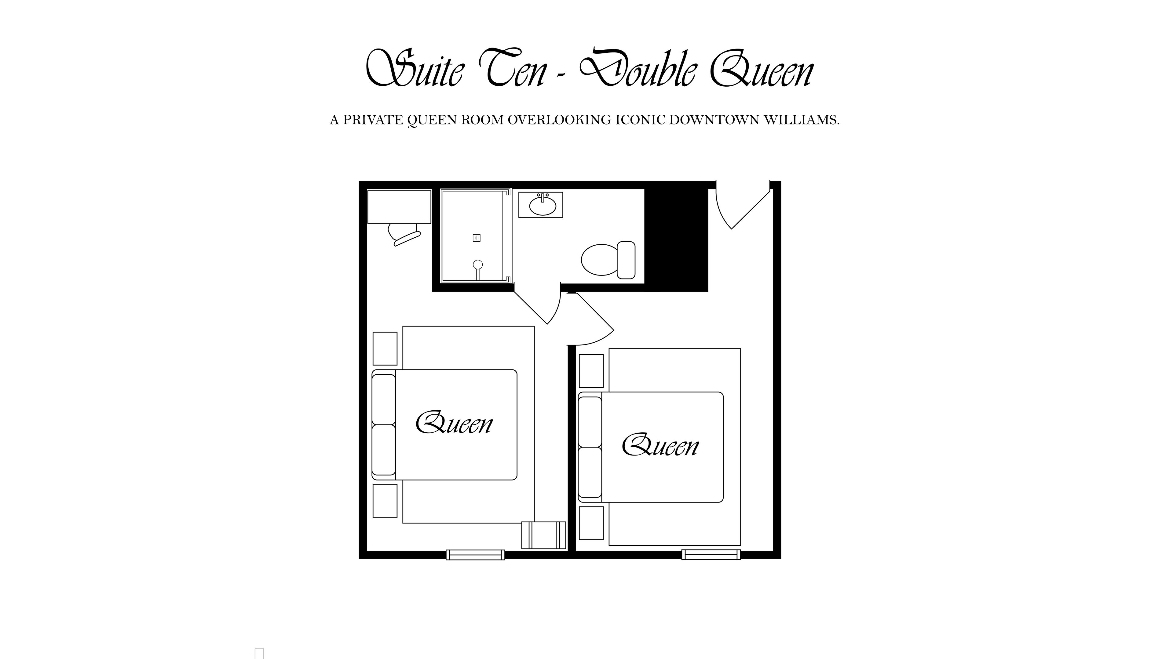 A floor plan of a 'Suite Ten - Double Queen' with two queen-sized bedrooms, a bathroom, and a kitchenette.