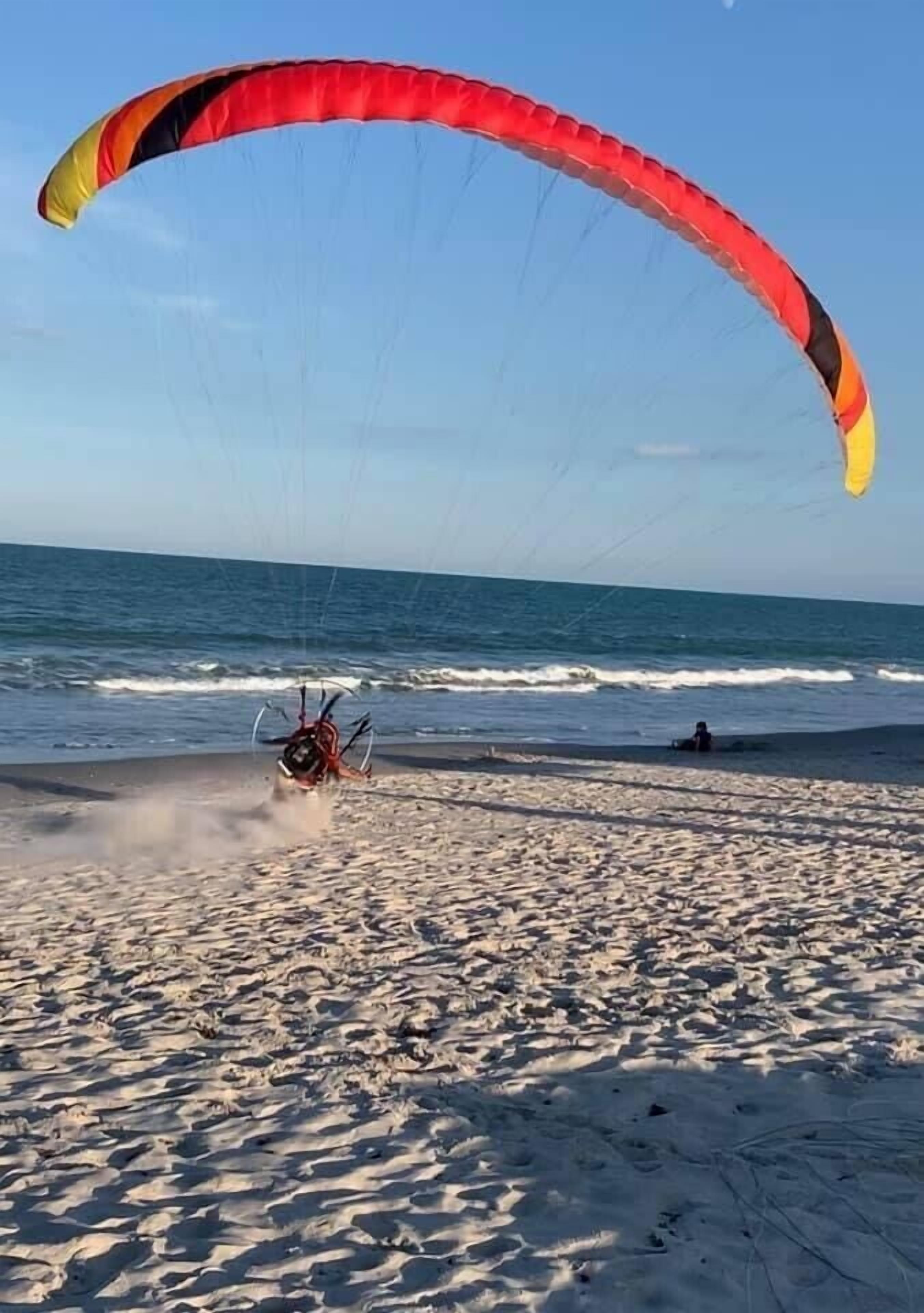 A beach with a paraglider landing on the sand.