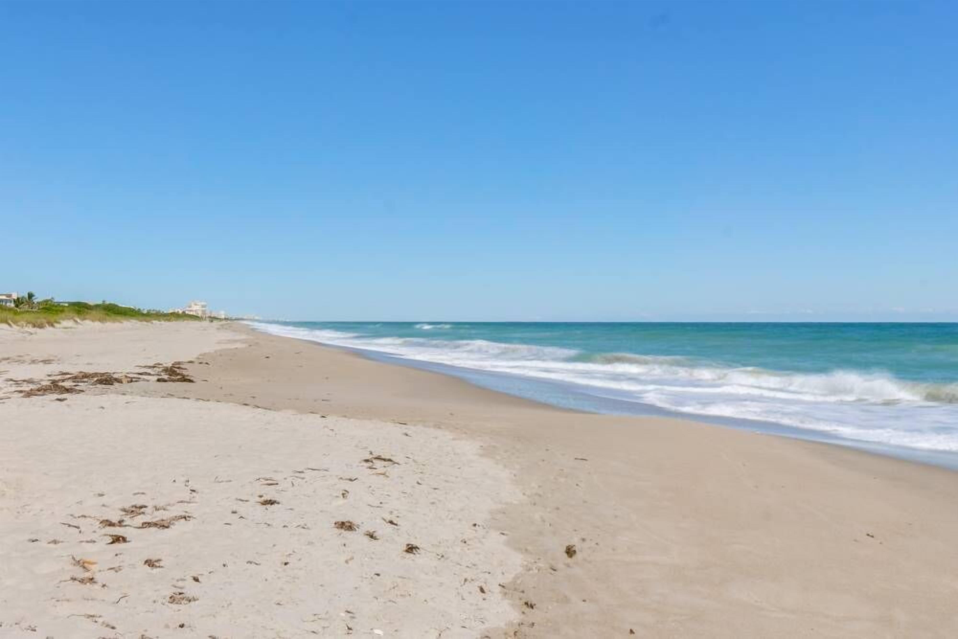 Una playa con cielos despejados y olas tranquilas.