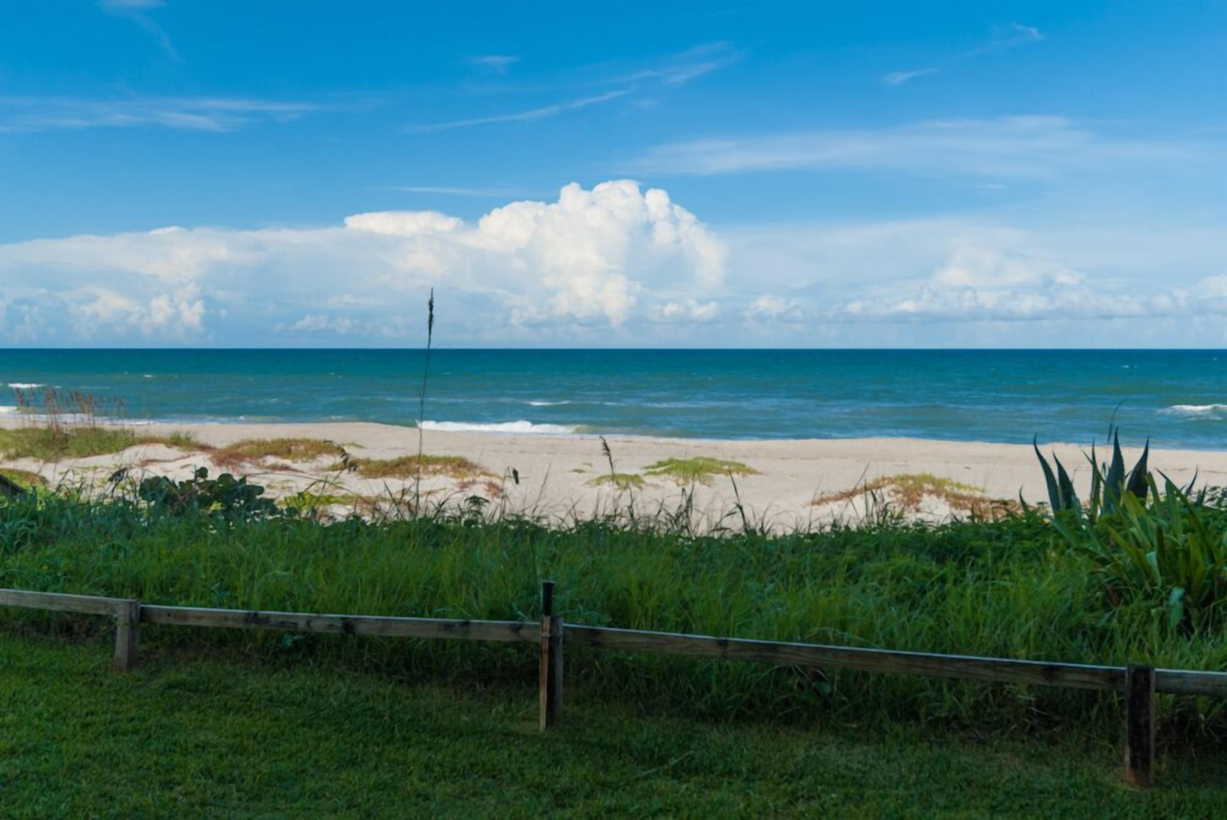 Ein Strand mit einer Holzzaun und grasbewachsenem Vordergrund.