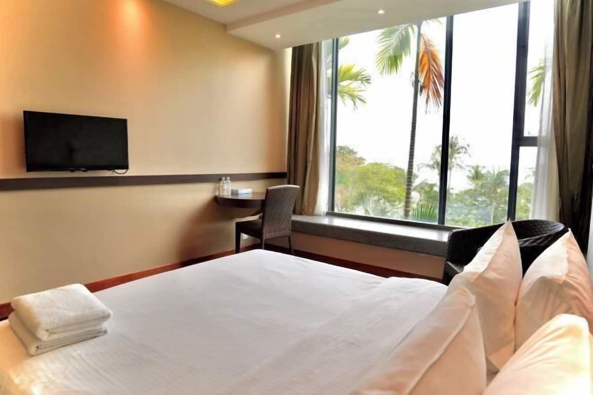 Habitación de hotel con cama, televisión montada en la pared, una mesita y ventana con vistas a palmeras.